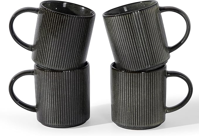 famiware Coffee Mug Set for 4, Star 16 oz Catering Mugs Cup Set with Handle for Coffee, Tea, Cocoa, Milk - Ceramic Stoneware Drinkware Set, Deep Forest