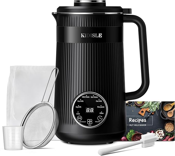 KIDISLE 32oz Nut Milk Maker Machine for Homemade Almond, Oat, Coconut, and Soy Milk, 8-in-1 Automatic Plant-Based Beverage Maker with 12H Delay Start, Keep Warm, Self-Cleaning & Boil Water Function, Black