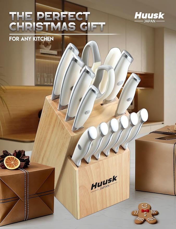 Huusk Knife Set with Block - 14 Pieces Japanese Stainless Steel Knives Blocks Set for Kitchen with Ergonomic Ivory White Handle Natural Wood Block Housewarming Gift for Women Men