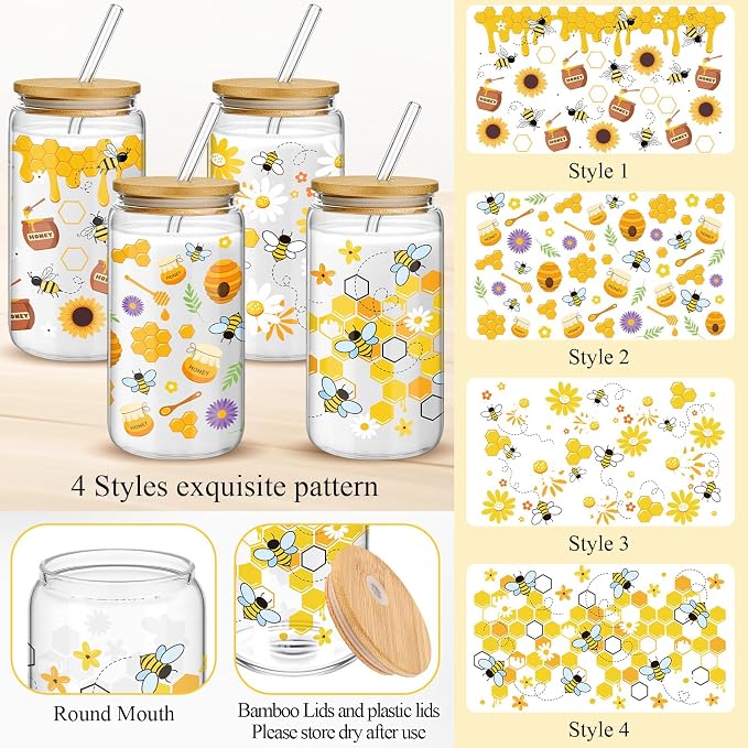 Mumufy 4 Pack Wildflower Glass Cups Gift Aesthetic Cute Glass Cup Tumbler Flower Iced Coffee Mugs 16 oz with Bamboo Lid & Straw, for Wedding Birthday Bridesmaid Mom Baby Shower