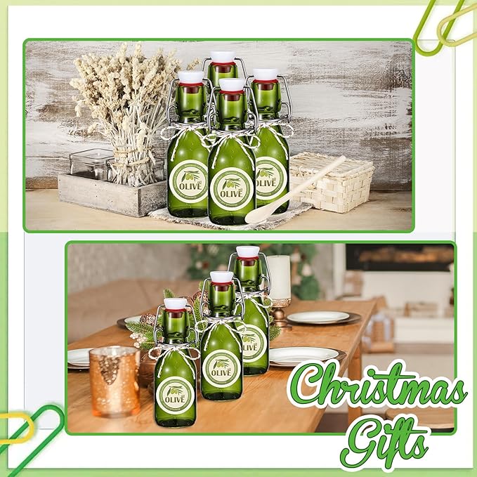 Queekay 20 Pack Mini Swing Top Glass Bottles for Vanilla Extract Homemade Olive Oil Bottles with Lids Airtight Cap Lids Labels for Wedding Baby Shower Favors(4 oz,Olive Green)