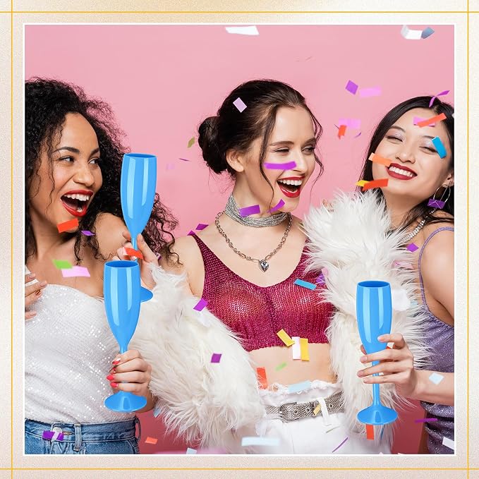 Maxcheck 24 Pcs Champagne Flutes Bulk Acrylic Toasting Drinking Flute Unbreakable Goblet Champagne Cups 6 oz Plastic Wine Glasses for Mother's Day Wedding Bridal Shower Anniversary Party (Blue)