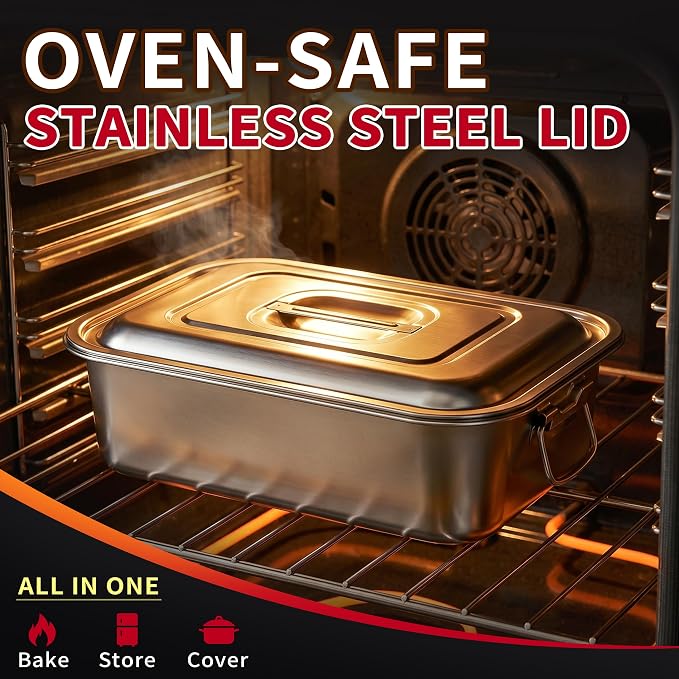 Extra Deep Stainless Steel Lasagna Pan with Loop Handles & Lid, 14 x 9.9 x 4 Inch, 6.3 QT Large Casserole Baking Dish, Oven Safe Heavy Duty Baking & Roasting Pan for Meal Prep & Storage