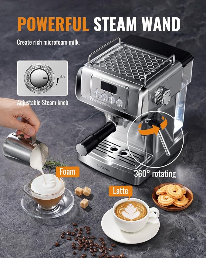 SHARDOR 20 Bar Espresso Machine for Home, Espresso Coffee Maker with Temp Display, Expresso Machine with Steam Milk Frother for Latte & Cappuccino, 60oz Water Reservoir, Stainless Steel, 1350W