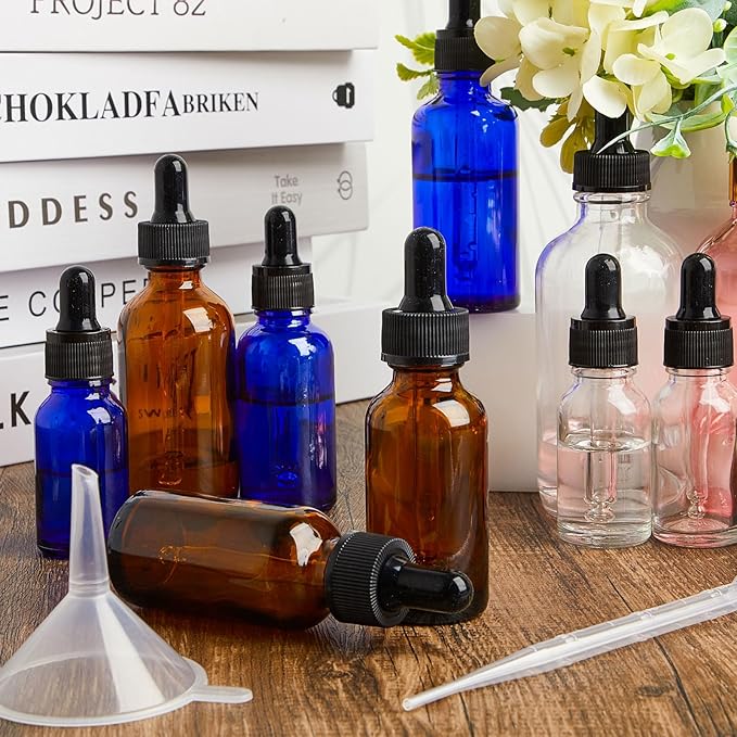 Lallisa 100 Pack Essential Oil Dropper Bottle 30 ml (1 oz) Glass Dropper Bottles DIY for DIY Essential Oil Perfume with 5 Funnels 5 Pipettes 3ml 100 Labels for Bathrooms, Hotels, Labs (Amber)