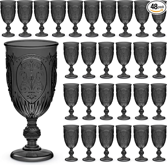 Wiwiqing 48 Pcs Plastic Goblets 7.5oz Vintage Goblet Plastic Wine Glasses Colored Retro Embossed Water Goblets for Wine Bar Juice Baby Shower Wedding Reception Grand Event Party (Black)