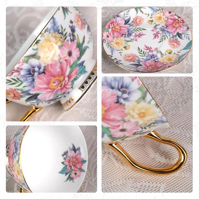 KAMMAK Tea Cups and Saucers Set of 2, Porcelain Coffee Cups, Stackable Espresso Mugs, Ceramic Demitasse for Coffee, Cappuccino, Latte, Americano, Tea, Blooming Flowers
