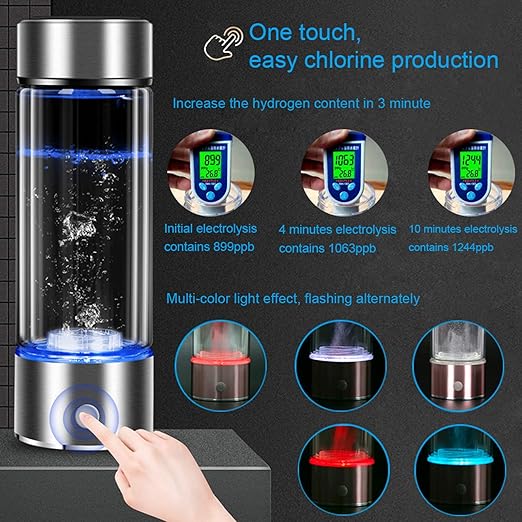 Hydrogen Rich Water Generator Ionizer Maker Cup Portable Cup Filter, 450ML Bottle PHHS Technology Ionizer, USB Rechargeable Anti Aging Antioxidant Glass Bottle (Silver & Blue)