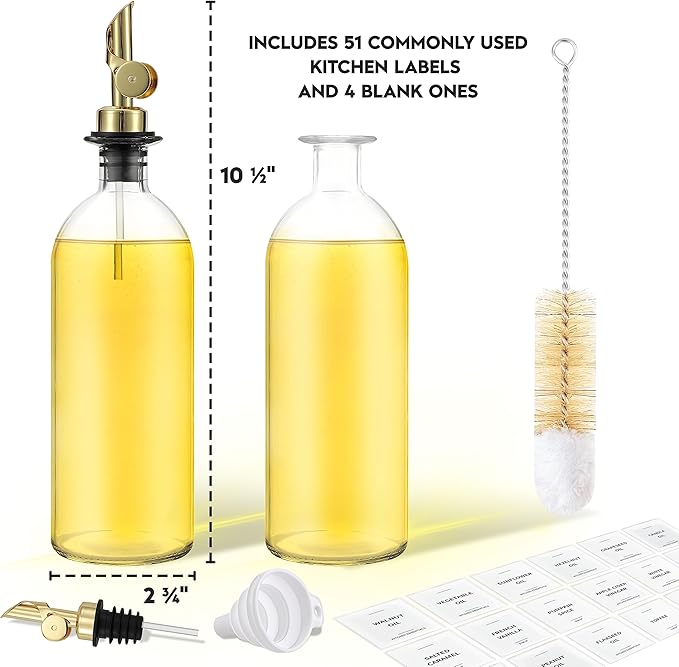 Spaceneat Olive Oil Dispenser Bottle - Includes 55 Kitchen Essential Labels - Cooking Oil Bottles for Kitchen, Coffee Syrup Dispenser - Pourer Spout with 16.9 fl oz Glass Container Cruet - 2pcs, Gold