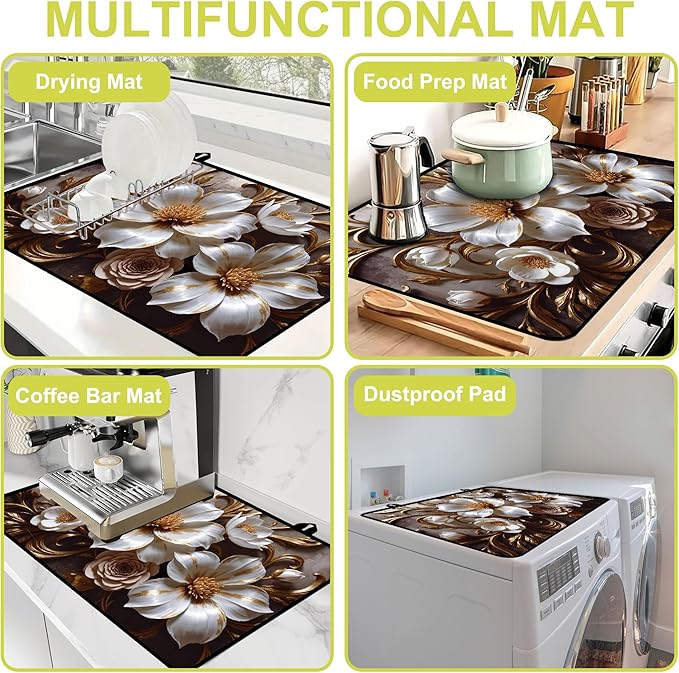 Glass stove top cover 28"x 20", Stove Top Covers for Electric Stove, Flat Range Mat for Glass Cooktop, Kitchen Heat-Resistant Protector Non-Slip Drying Mat (Golden Flowers)