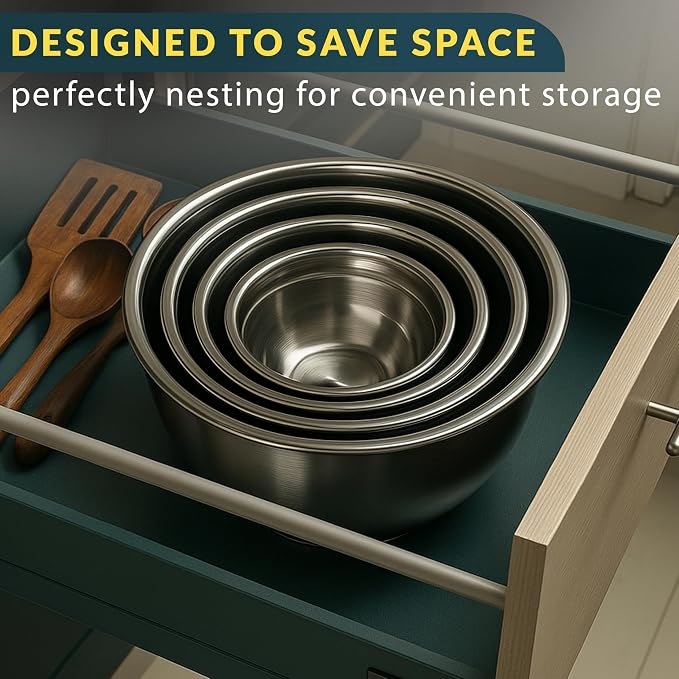 Baker's Signature Stainless Steel Mixing Bowls With Lid, Metal Mixing Bowl Set Of 5, Nesting Set For Food Prep, Baking,Storage, Cooking, Serving | Dishwasher Safe, 0.5/1.5/3/4/5 Qt