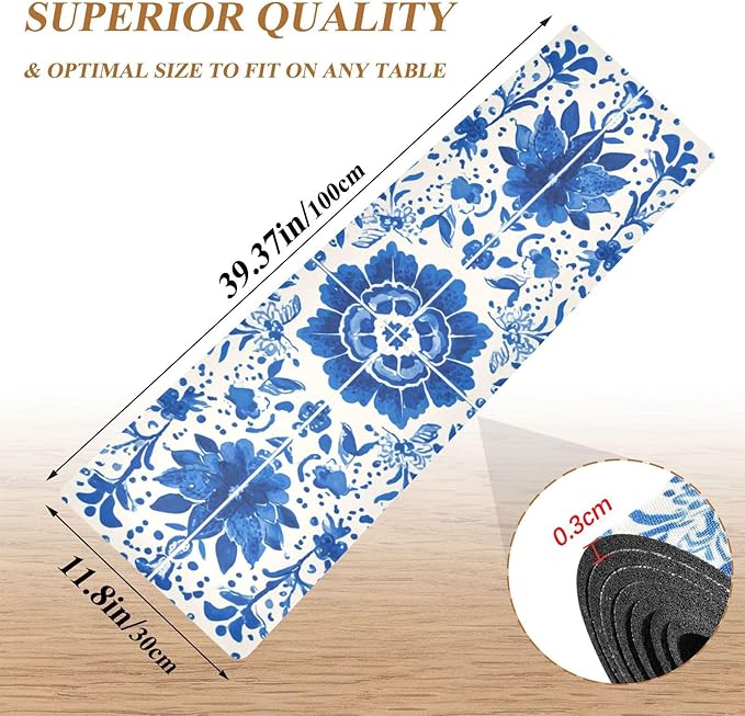 2-in-1 Table Runner Trivet for Hot Dishes Heat Resistant Hot Plate Mat Pad 39x12 Inch Waterproof Table Protector Trivets for Countertop Non Slip Decorative Floral Blue and White Tile