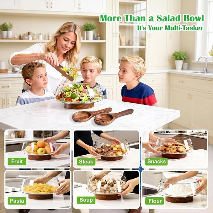Buybai Extra Large Glass Salad Bowl Set - Party Salad Bowls with Acacia Wood Base and Serving Utensils - Kitchen Must-Have For Fruits Salad Dessert Bread Afternoon Tea Camping (Extra Large)