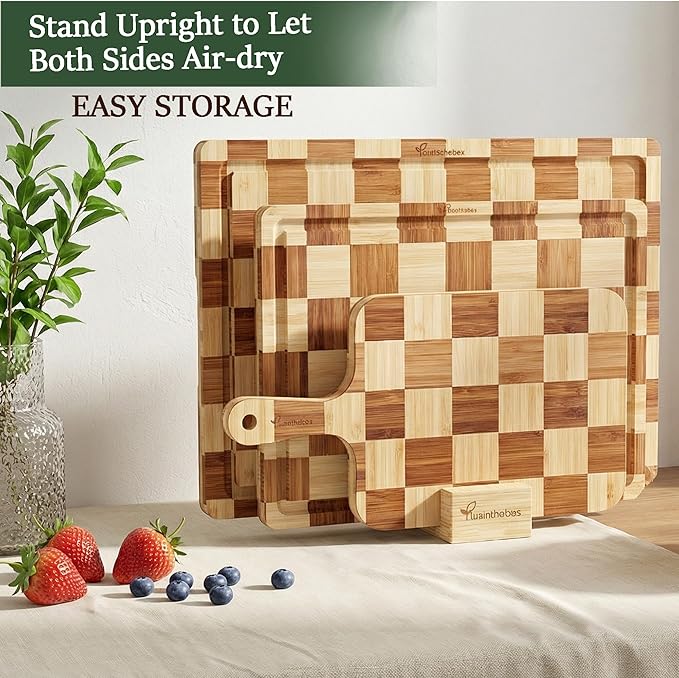 Bamboo Cutting Board Set of 3 for kitchen Checkered End Grain Wood Chopping Boards with Storage Stand & Deeper Juice Grooves | Wooded Butcher Block for Meat, Cheese, Charcuterie & Kitchen Prep