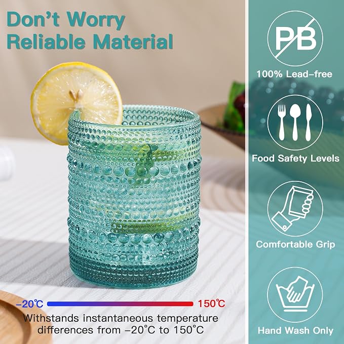 JOVGANK Mint Green Vintage Hobnail Drinking Glasses Set of 6, Embossed Water Tumbler 12oz, Kitchen & Bar Beaded Glass Cups, Beverage Glass Cups for Water, Beer, Juice, Housewarming