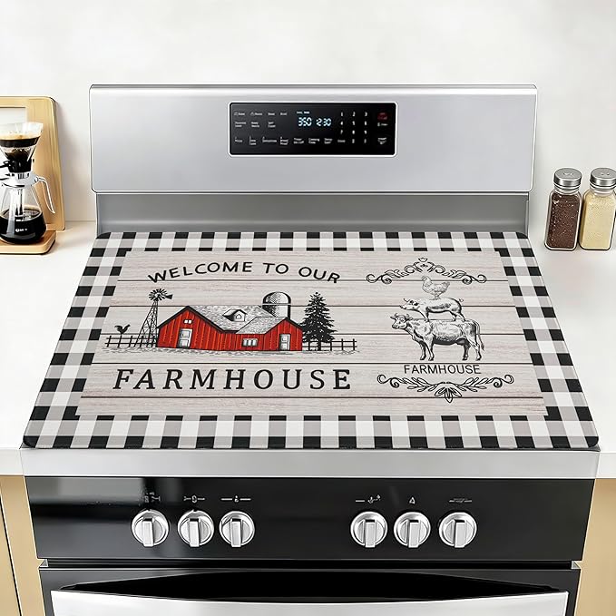 Farmhouse Stove Top Covers for Electric Stove 20x28 Inch Farmhouse Heat Resistant Glass Top Stove Cover Washable Foldable Cooktop Protector