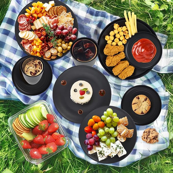 Wrova Wheat straw dinnerware sets of 40-10 inches plates,9 inches plates,6inches snack plate,26oz bowls,12oz cups - Unbreakable plates and bowls sets microwave safe and dishwasher safe. Black