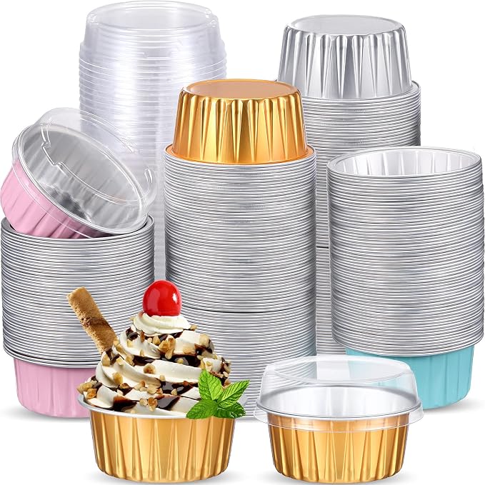Thenshop 200 Pcs 5oz Mini Aluminum Baking Cups with Lid Disposable Loaf Cake Pans Birthday Wedding Party Foil Cupcake Tins Liner Crème BrûLée Ramekins Dessert Custard Pie Cheesecake Muffin Container