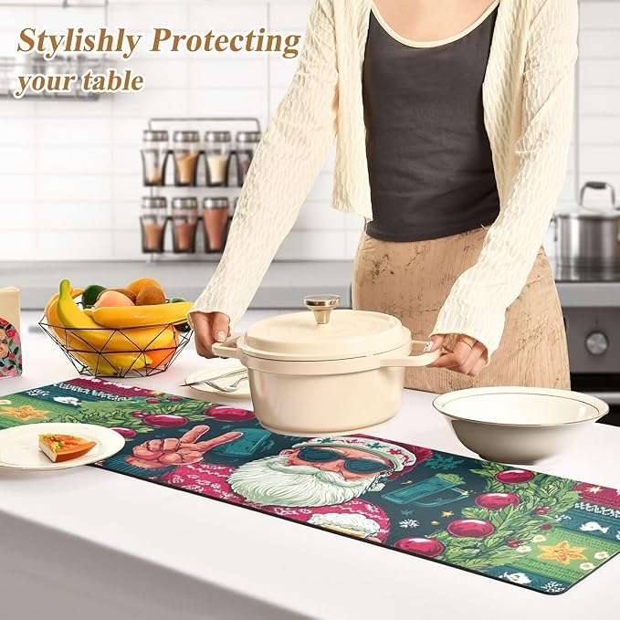 2-in-1 Table Runner Trivet for Hot Dishes Heat Resistant Hot Plate Mat Pad 39x12 Inch Waterproof Table Protector Trivets for Countertop Decorative Christmas Santa Claus Red Green