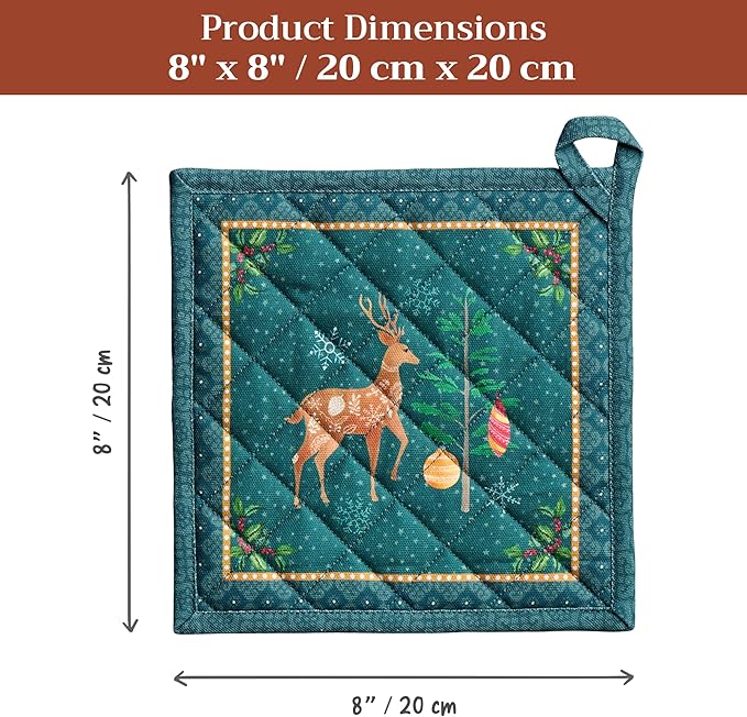 Maison d' Hermine Pot Holders 100% Cotton Heat Resistant Potholders 8" x 8" Hot Pads with Loop for Thanksgiving Christmas Decorations BBQ Cooking Baking Handling Hot Pans (Pack of 1, Hygge Christmas)