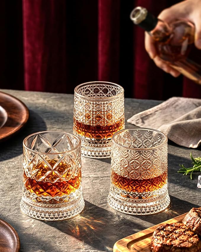 CEEFU Old Fashioned Whiskey Glasses with 360° Rotating Base, Set of 2 (2 Crystal Glasses Set, 2 Big Ice Ball Molds) In Gift Box - Bourbon, Cocktail, Rocks, Bday Gifts Ideas for Men, Gem Pattern