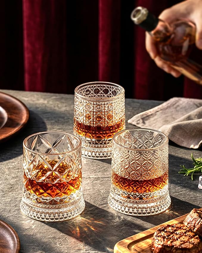 CEEFU Old Fashioned Whiskey Glasses with 360° Rotating Base, Set of 2 (2 Crystal Glasses Set, 2 Big Ice Ball Molds) In Gift Box - Bourbon, Cocktail, Rocks, Bday Gifts Ideas for Men, Snowflake Pattern