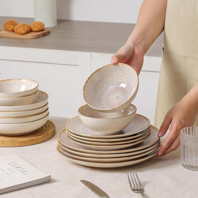 DOMICREVERY Ceramic Dinnerware Sets for 4, 16 Pcs Plates and Bowls Sets, Bloom