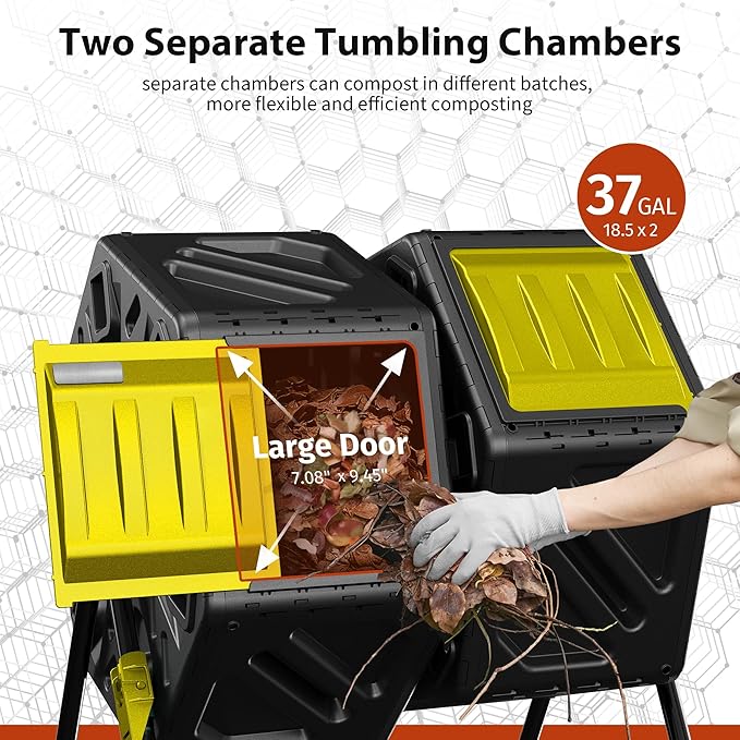 Compost Bin Outdoor, 2 Separate Tumbling Chambers, 37Gal Lagre Compost Tumbler with Sliding Door and Aeration System, 360° Rotating, Tumbling Composter Bin for Kitchen, Garden, Yard, Black Yellow