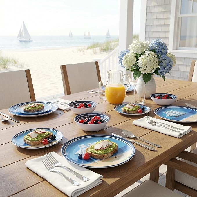 Outdoor Melamine Dinnerware Set 12-Piece, Beach Sailing Pattern Unbreakable Plates & Bowls, Dishwasher Safe Lightweight for Picnic Pool Party Camping（Sailboat）