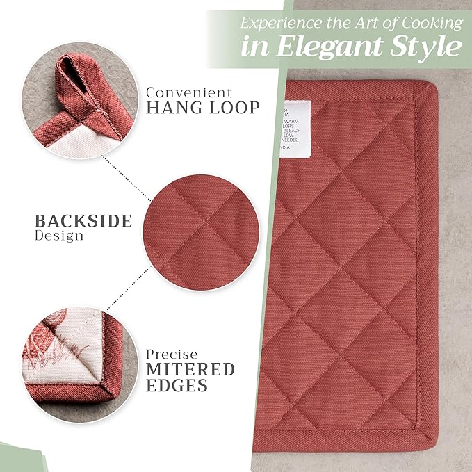 Maison d' Hermine Pot Holders 100% Cotton Heat Resistant Potholders 8" x 8" Hot Pads with Loop for Thanksgiving Christmas Decorations BBQ Cooking Baking Handling Hot Pans (Pack of 1, Holy Jouy - Red)