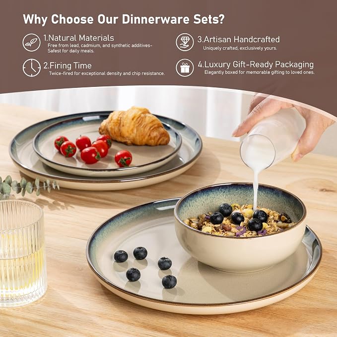 GBHOME Ceramic Dinnerware Sets for 6, 18 Pieces Stoneware Plates and Bowls Sets, Reactive Glaze Dishes -Scratch Resistant, Dishwasher&Microwave Safe,Pale Khaki