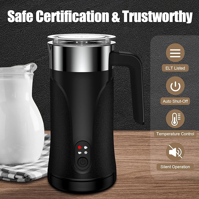 Milk Frother, 4-in-1 Milk Frother and Steamer, 10.1oz/300ml Automatic Hot and Cold Foam Maker and Milk Warmer, Electric Milk Frother for Coffee, Latte, Cappuccino, Matcha(Black)