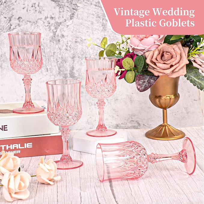 24 Pack Light Pink Plastic Wine Glasses, Vintage Plastic Goblets for Parties, Drinking Glasses Unbreakable Glassware Crystal Water Goblets Reusable Drinkware for Wedding Reception Grand Event Party