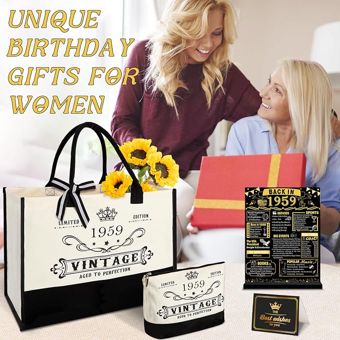 YeohJoy 67th Birthday Gifts for Women Canvas Tote Bag Travel Gear, Unique 67 Years Old Birthday Gifts for Mom Aunt Friends Wife Sister Her, Vintage 1959 Handbag & Cosmetic Bag & Back in 1959 Poster