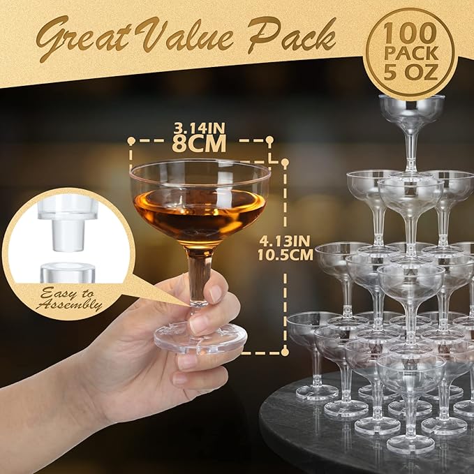 Potchen 100 Pcs Plastic Champagne Party Glasses 5 oz Clear Disposable Champagne Glasses Stackable Acrylic Martini Flutes Unbreakable Margarita Coupe for Wedding Birthday Party Bar(Classic)