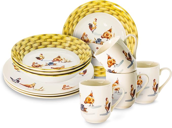 Tudor 16-Piece Premium Quality Round Porcelain Dinnerware Set, Service for 4 - Country Farmyard, See 10 Designs INSIDE!