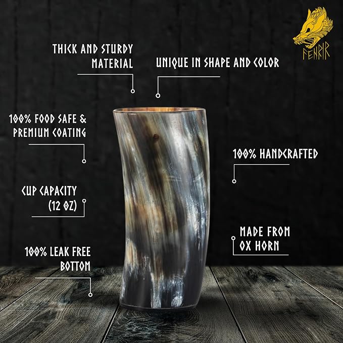 FENRIR Viking Drinking Horn Mug Set of 2 – Gifts for Men, Dad, Husband – Unique Viking Gift – Natural Ox Horn Cup with Opener – For Beer, Ale, Mead (12-13 Oz/Glass)