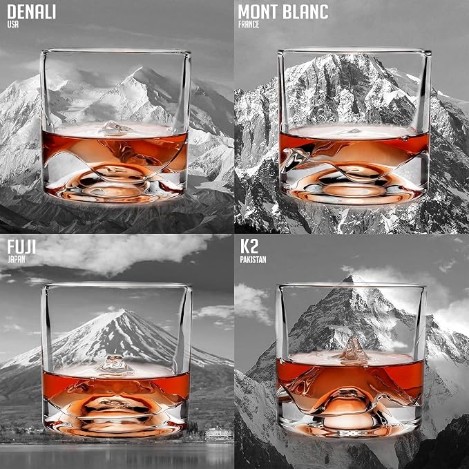 LIITON The Peaks Heavy Crystal Whiskey Glasses Gift Set of 4, Thick Freezable Bourbon Glass 1lb Each, Premium Whiskey Gifts for Men, Frozen Crystal Chills Cocktails, 10 oz