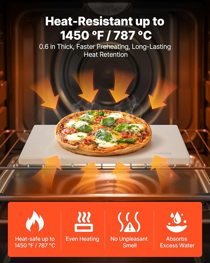 VEVOR Pizza Stone, 15 x 12 x 0.6 in Rectangular Cordierite Pizza Stone, Extra Large Baking Stone with Scraper, 1450℉ Heat-Resistant Bread Stone, for Kitchen Oven, Baking Bread & Pizzas, BBQ Grill
