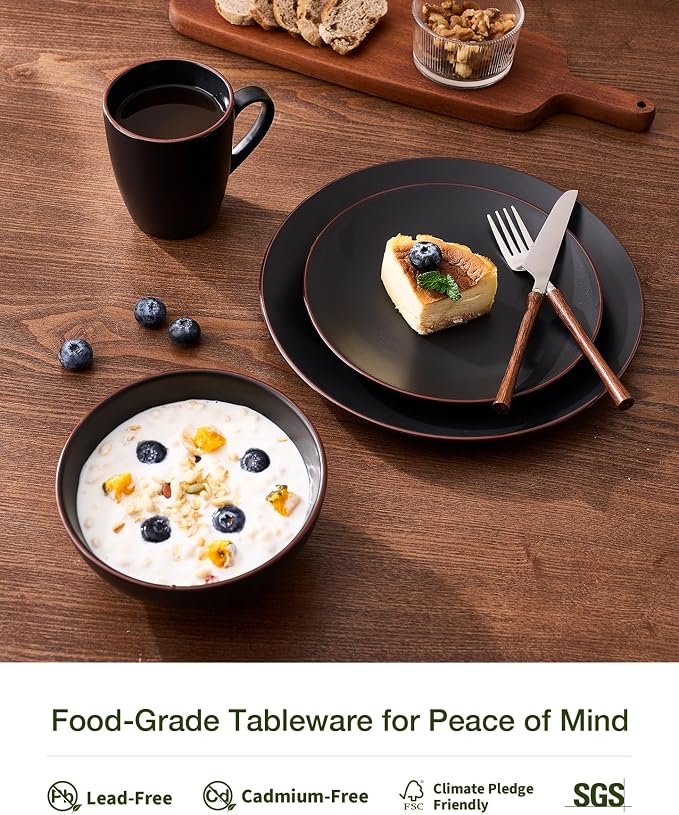 Famiware Venus 16-Piece Stoneware Dinnerware Sets with Mugs, Plates, Bowls, Service for 4, Matte Black - Modern Ceramic Chip‑Resistant Dishes for Everyday & Formal Use, Microwave & Dishwasher Safe