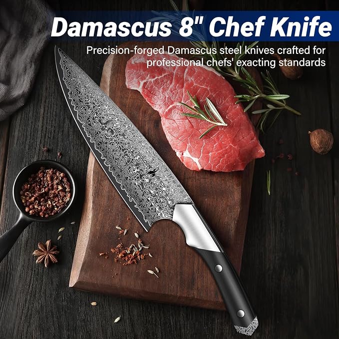 Golden Bird Damascus Chef Knife, 8 Inch Professional Japanese Kitchen Knife,Sharp High Carbon Stainless Steel VG10 Chef’s Knives For Meat Cutting,Hand Forged Cooking Knives with Gifts for Men