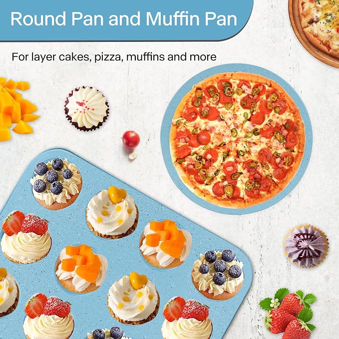 6-Piece Nonstick Cake Baking Set, Blue — Round Pie Pans, Loaf Pan, Muffin Pan & Square Cake Pan, Stackable Carbon Steel Bakeware for Beginner Bakers, Oven Safe
