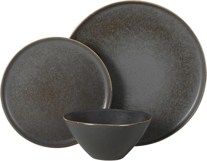 Gibson Elite Coastal Forest Plates and Bowls Sets, 12-Piece Stoneware Dinnerware Sets, Triple Reactive Glaze Dish Set - Black
