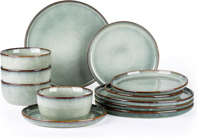 GBHOME Ceramic Dinnerware Sets for 4, 12 Pieces Stoneware Plates and Bowls Sets, Scratch Resistant Dishes, Dishwasher & Microwave Safe, Reactive Glaze