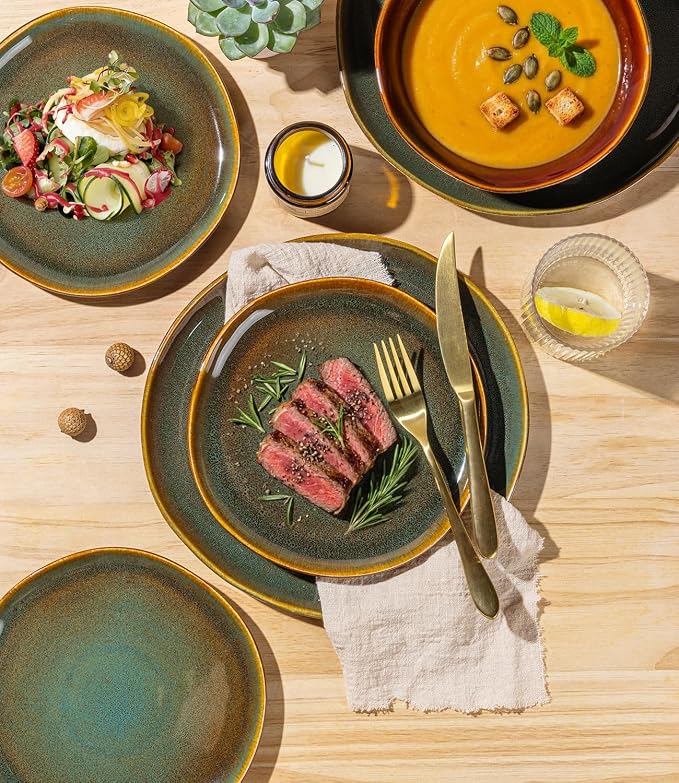 GBHOME Stoneware Dinnerware Sets for 4, 12 Pieces Rustic Earthenware Plates and Bowls Set, Handmade Reactive Glaze Ceramic Plate Sets, Chip Resistant Dishes, Microwave & Dishwasher Safe, Brown Green