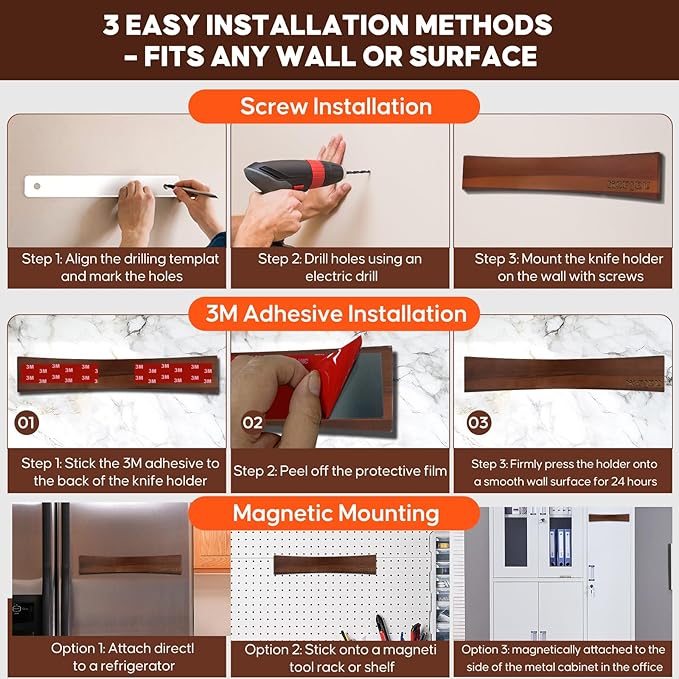 16 Inch Magnetic Knife Holder for Wall,Acacia Wood Double Sided Magnetic Knife Strip for Fridge,No Drilling
