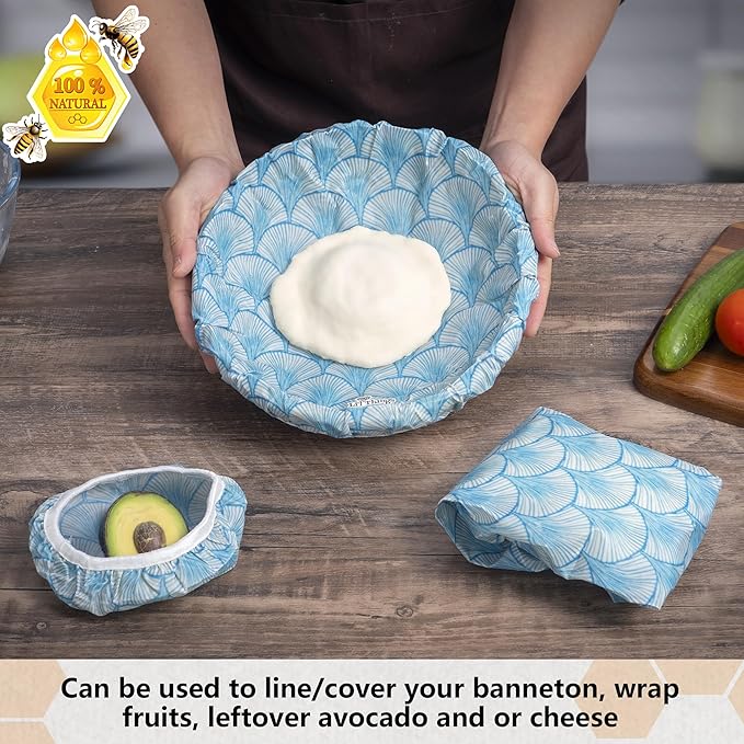 Beeswax Bowl Covers Set of 5 (XS–XL) – Reusable Elastic Food Covers for Bowls – Organic Cotton with Beeswax, Washable & Plastic-Free | Li’l Things – Seashell Serenade