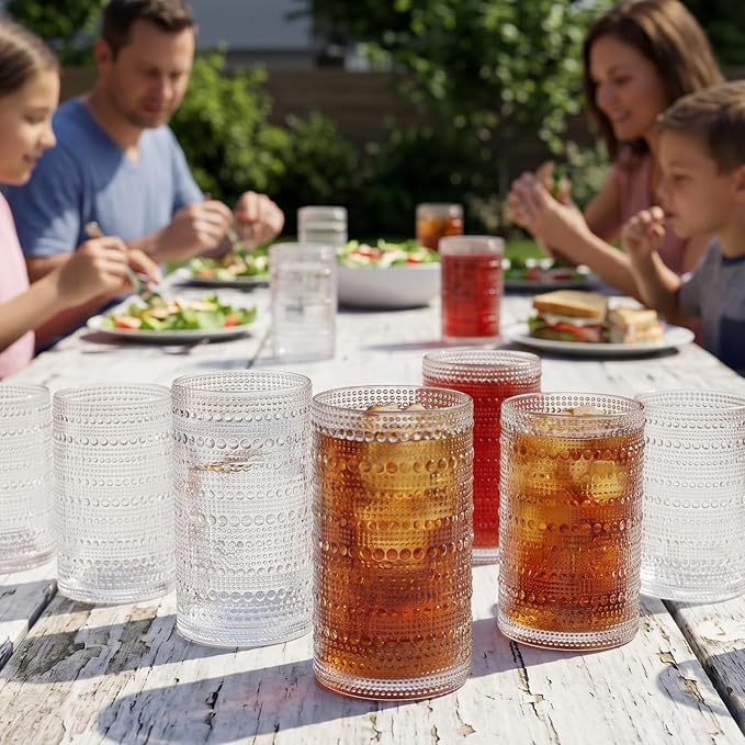 Khen Plastic Hobnail Drinking Glasses Set of 12 Clear Color Cups 6x 10oz Lowball & 6x 1oz Highball Acrylic Beaded Design, BPA-Free, Dishwasher Safe Indoor/Outdoor Drinkware Water, Juice, Cocktails