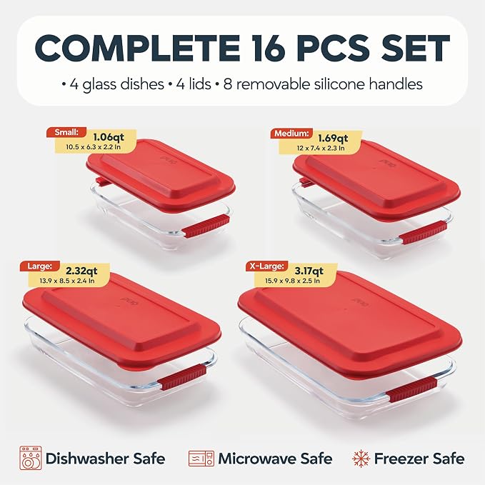 Pexo 8 Piece Glass Baking Dish Set with Plastic Lids, With Silicone Handles for Easy Grip (1.06QT, 1.69QT, 2.32QT, 3.17QT), Clear Glass Casserole Dishes for Oven, Airtight Lids, Glass Bakeware, Freezer, Oven, and Dishwasher safe (Red)