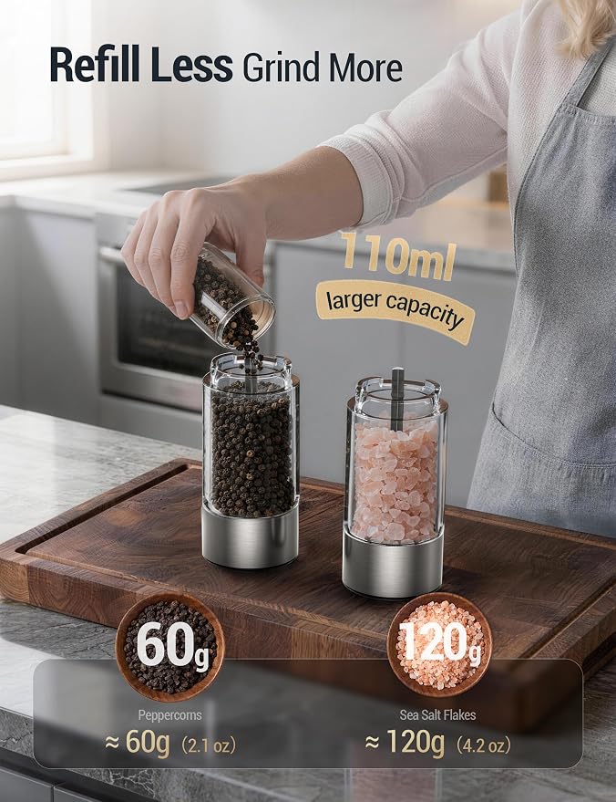ThermoMaven Electric Salt and Pepper Grinder Set, 110ml Larger Rechargeable Automatic Salt and Pepper Mill Grinder with 6 Adjustable Coarseness, Electric Salt and Pepper Shakers, LED, Black Walnut